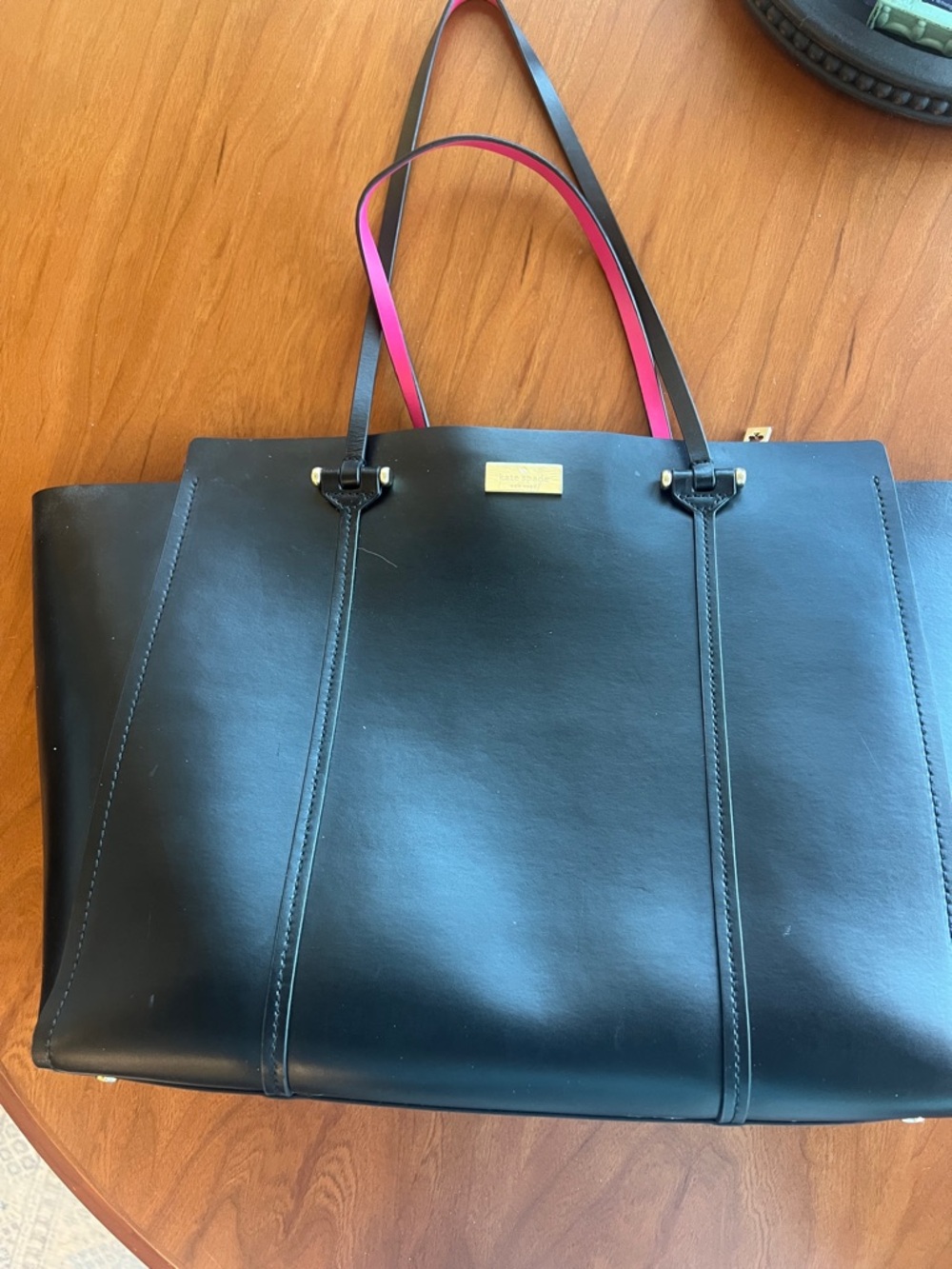 kate spade Black Leather Tote with Pink-Trim Handles